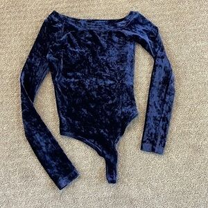 GBTSO Blue Velvet Long Sleeve Wide Neck One Shoulder Thong Bodysuit